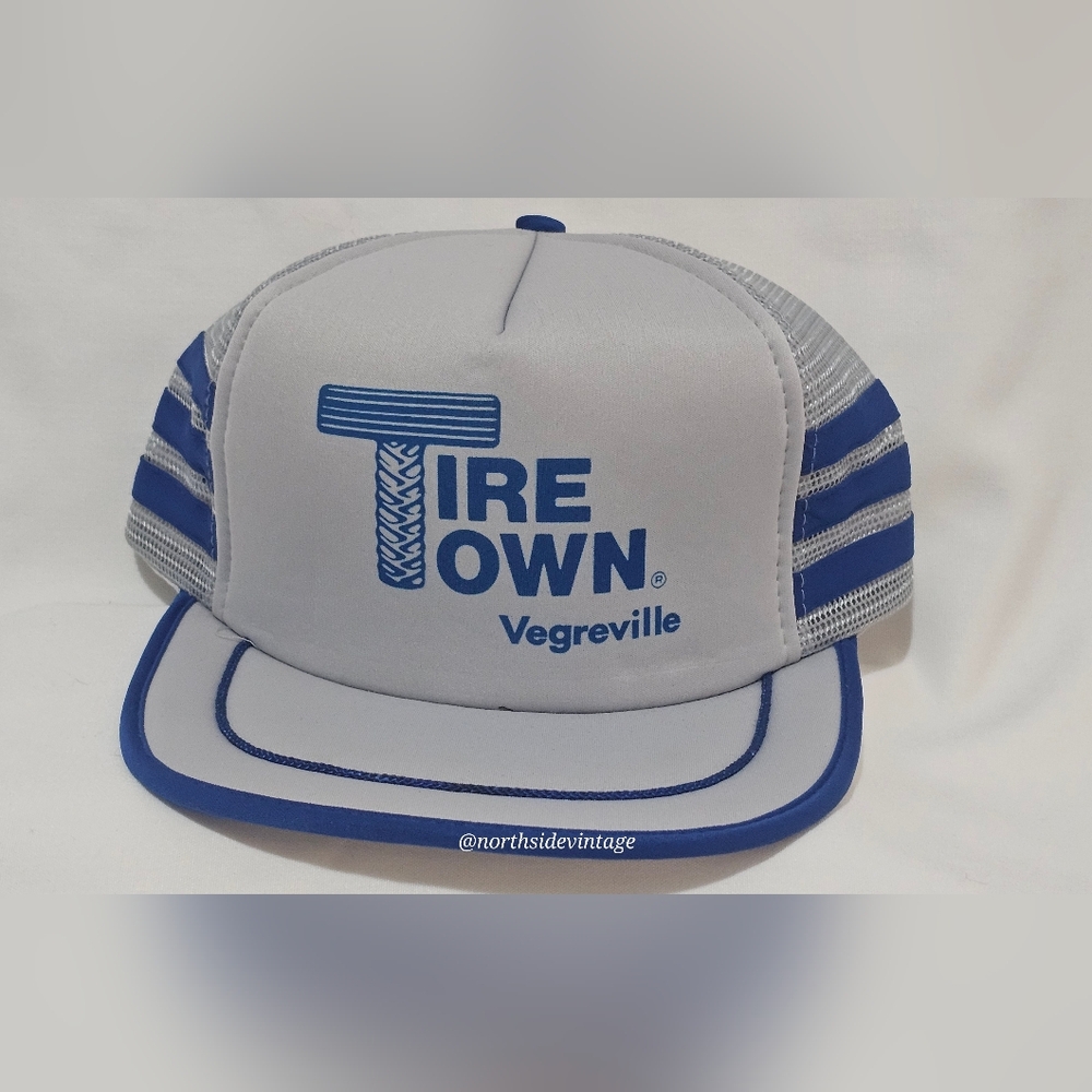 Blue and Gray Tire Town Trucker Hat